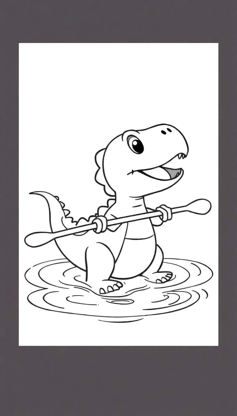 Een zwart-wit cartoon van een vrolijke kleine dinosaurus die met een roeispaan peddelt in water, als een kleurplaat.