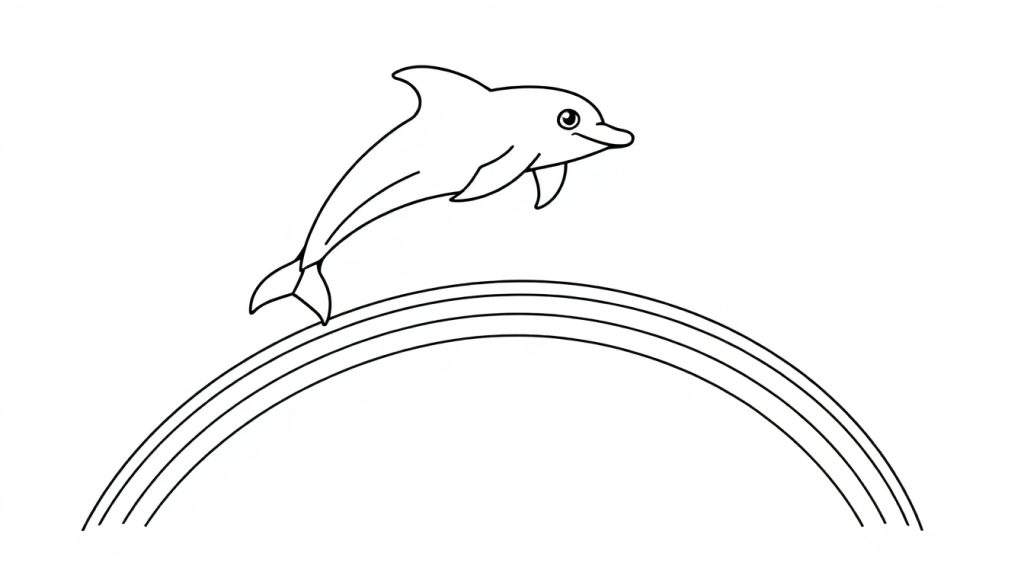 Vrolijke dolfijn springt over een kleurrijke regenboog, een perfecte kleurplaat voor kinderen.