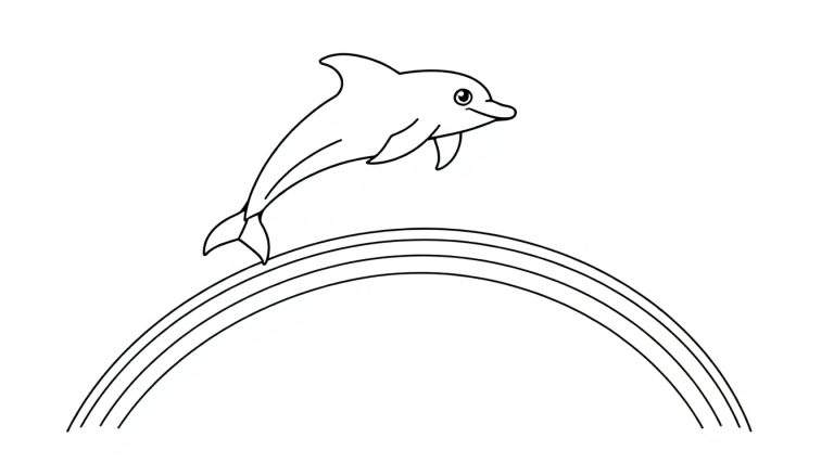 Vrolijke dolfijn springt over een kleurrijke regenboog, een perfecte kleurplaat voor kinderen.