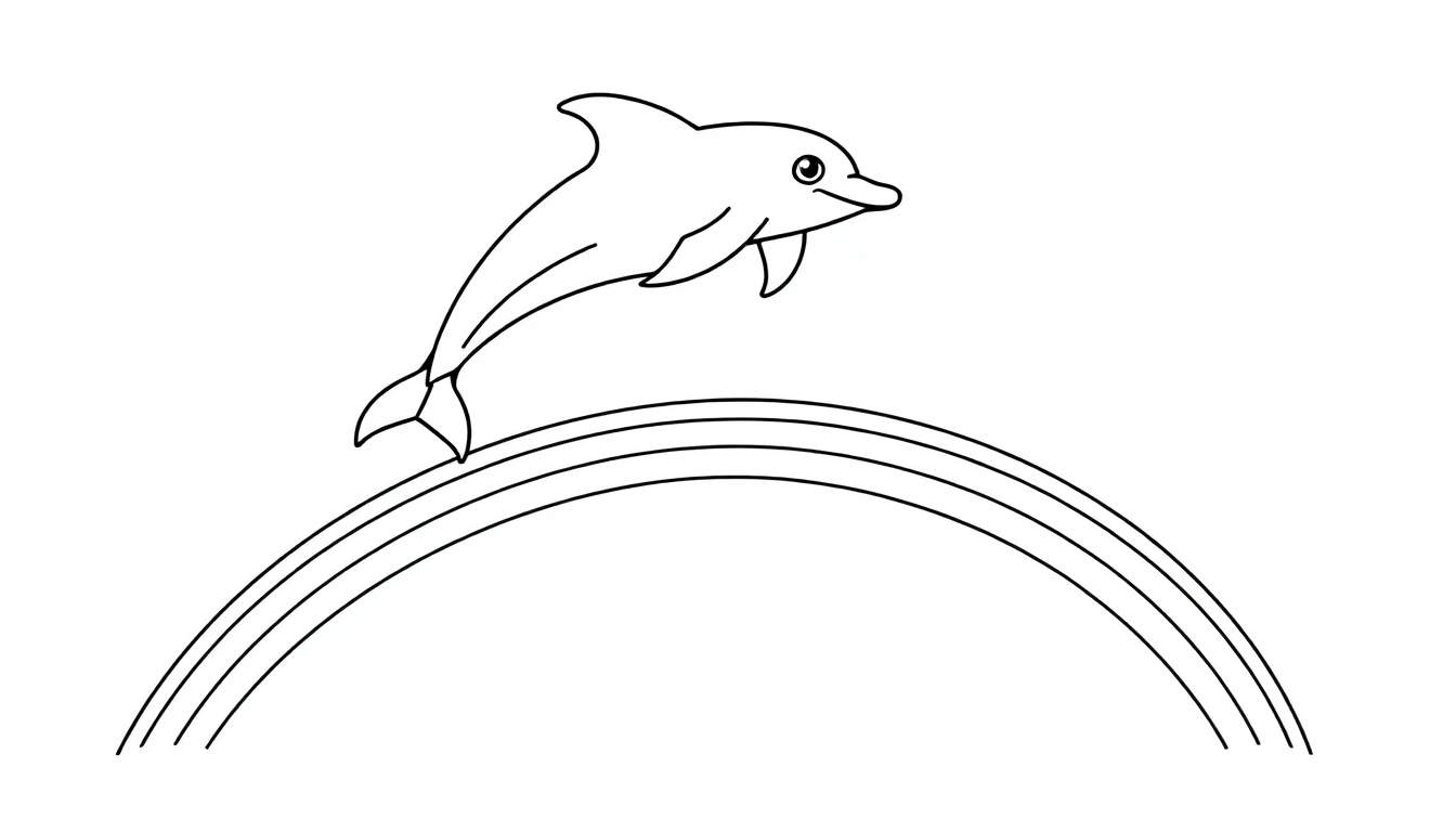 Vrolijke dolfijn springt over een kleurrijke regenboog, een perfecte kleurplaat voor kinderen.