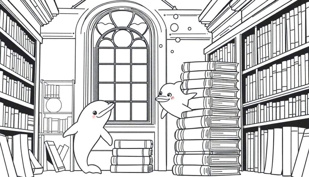 Kleurplaat van een bibliotheek met twee dolfijnen tussen de boeken.