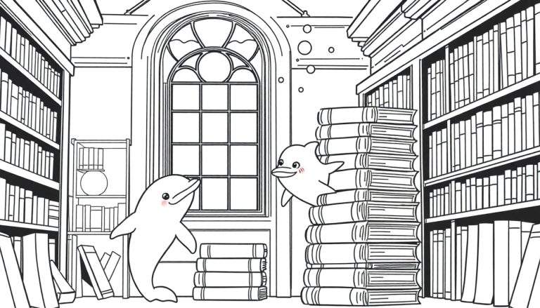 Kleurplaat van een bibliotheek met twee dolfijnen tussen de boeken.