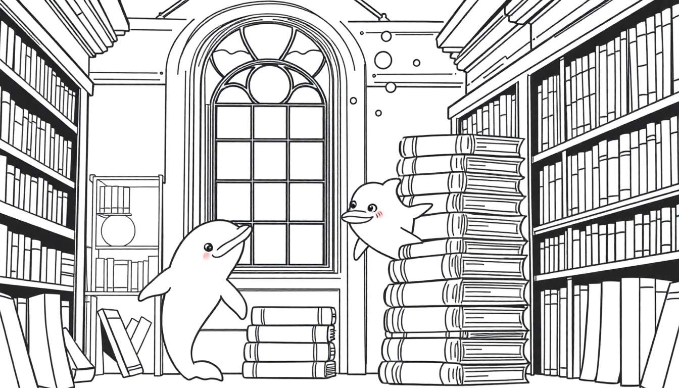 Kleurplaat van een bibliotheek met twee dolfijnen tussen de boeken.