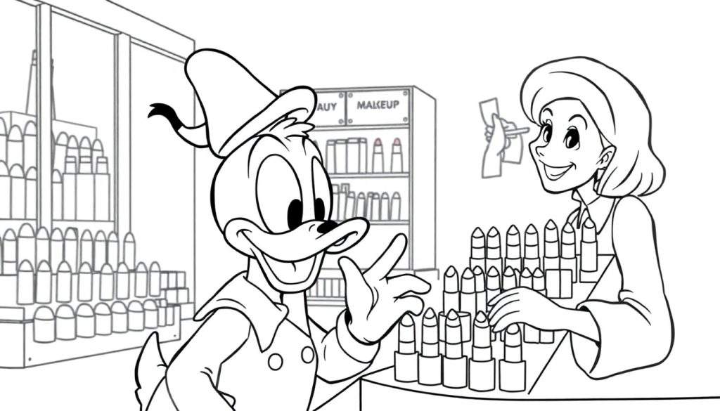 Kleurplaat van Donald Duck die lippenstift kiest in een winkel.