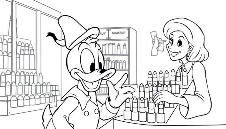 Kleurplaat van Donald Duck die lippenstift kiest in een winkel.