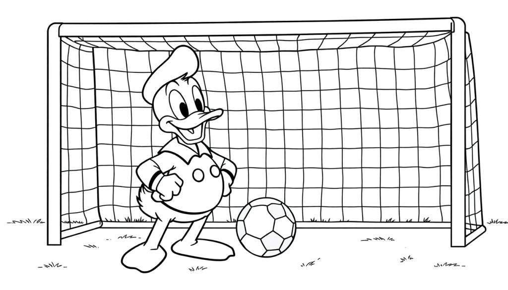 Donald Duck als keeper voor een voetbaldoel, klaar voor een penalty, als kleurplaat.