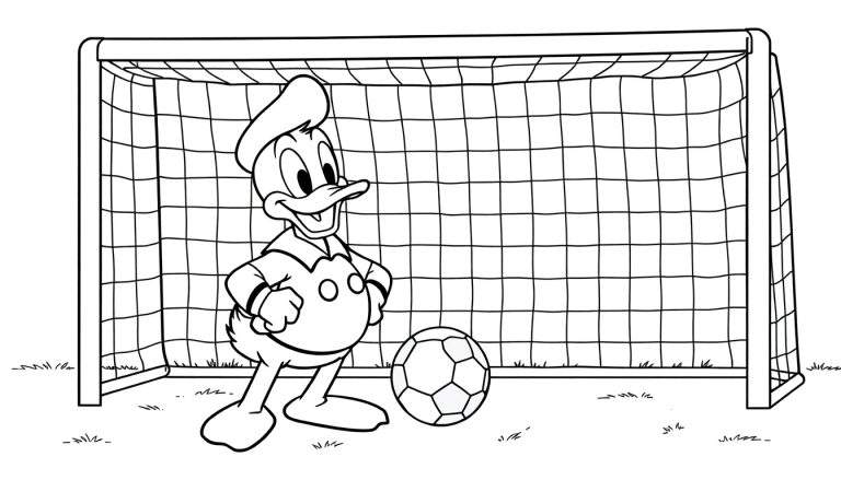 Donald Duck als keeper voor een voetbaldoel, klaar voor een penalty, als kleurplaat.