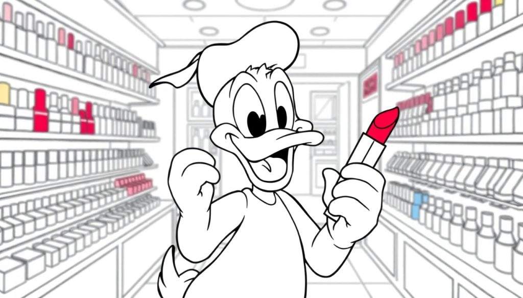 Donald Duck met een rode lippenstift in een winkel, onderdeel van een kleurplaat.