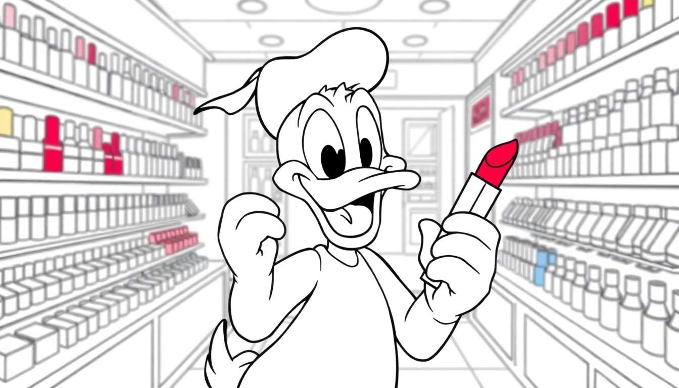 Donald Duck met een rode lippenstift in een winkel, onderdeel van een kleurplaat.