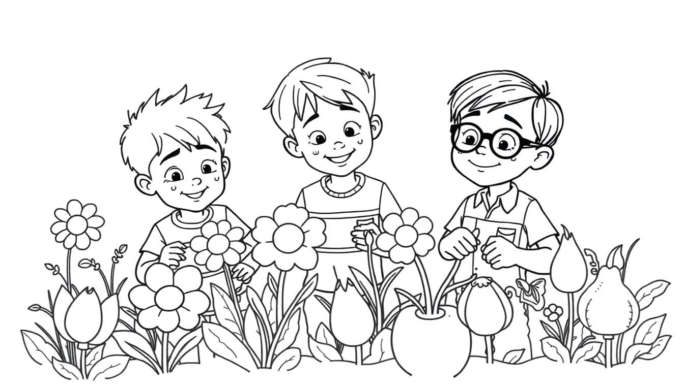 Kleurplaat van drie blije jongens in een tuin met bloemen.