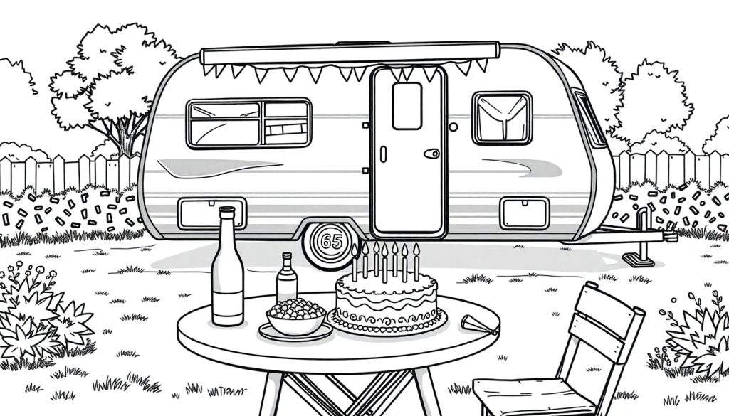 Kleurplaat van een feestelijke 65e verjaardag met een camper, taart en slingers.