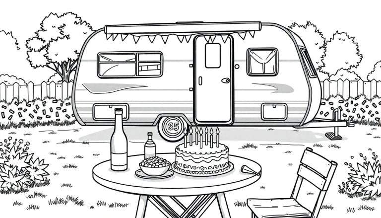 Kleurplaat van een feestelijke 65e verjaardag met een camper, taart en slingers.