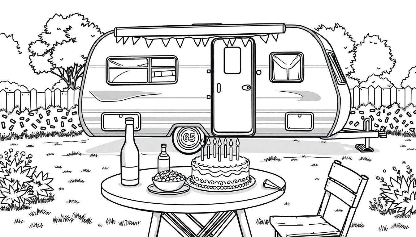 Kleurplaat van een feestelijke 65e verjaardag met een camper, taart en slingers.