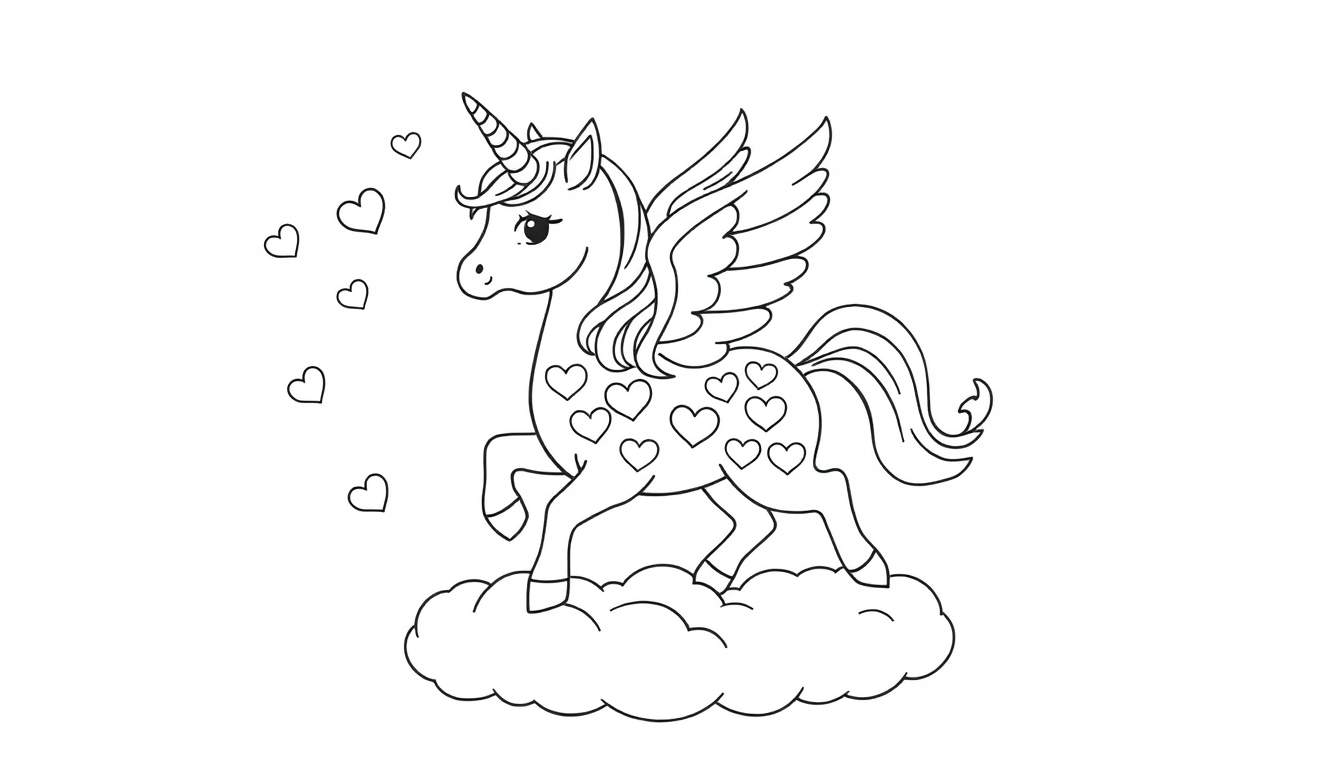 Zwart-witte kleurplaat van een gevleugelde eenhoorn op een wolk met hartjes.
