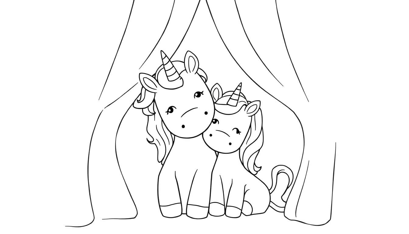 Een kleurplaat van twee eenhoorns onder een tent.