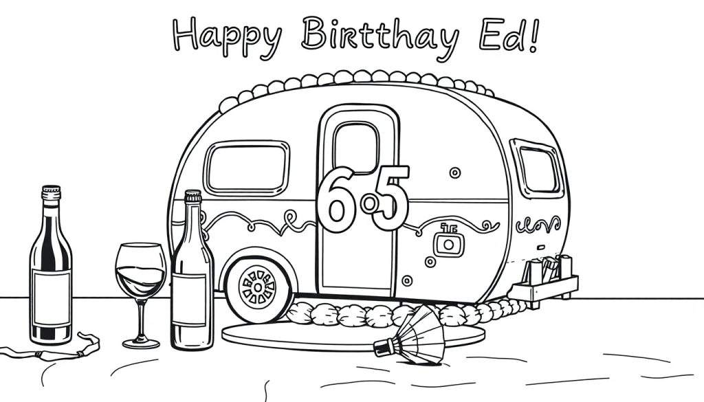 Kleurplaat van een feestelijke caravan voor de 65e verjaardag van Ed.