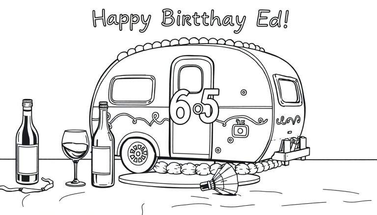 Kleurplaat van een feestelijke caravan voor de 65e verjaardag van Ed.