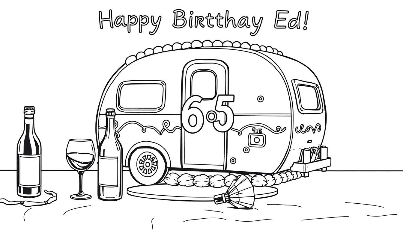Kleurplaat van een feestelijke caravan voor de 65e verjaardag van Ed.