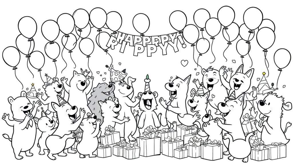 Kleurplaat van vrolijke dieren die een verjaardagsfeest vieren met ballonnen en cadeaus.