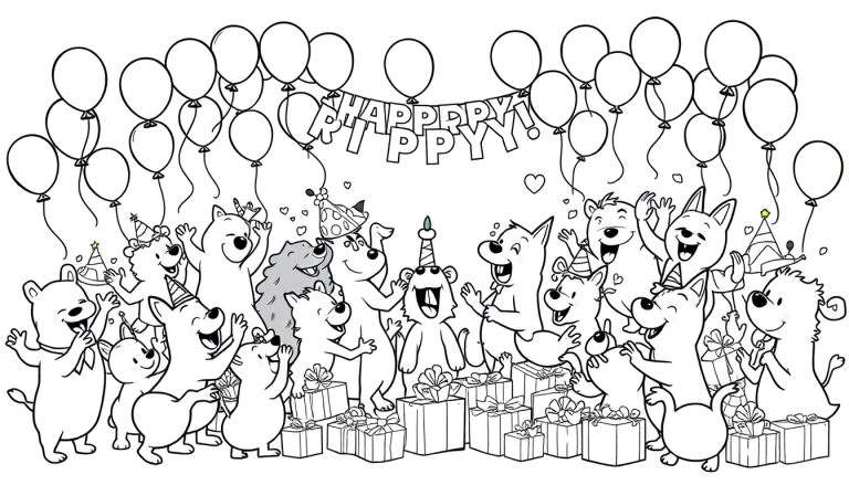 Kleurplaat van vrolijke dieren die een verjaardagsfeest vieren met ballonnen en cadeaus.
