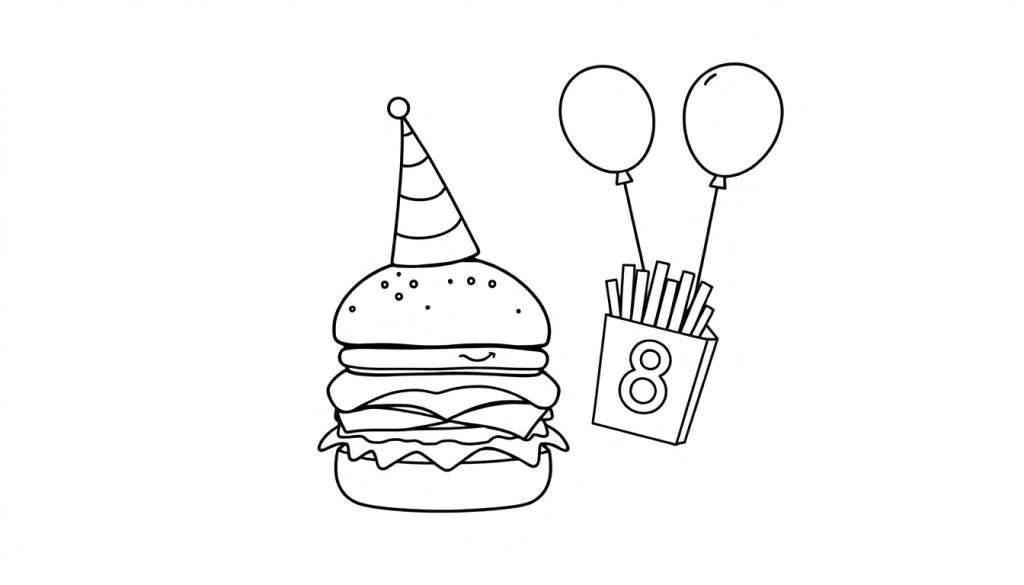 Kleurplaat van een feestelijke hamburger met een feestmuts, frietjes in een bakje met een '8' en ballonnen.