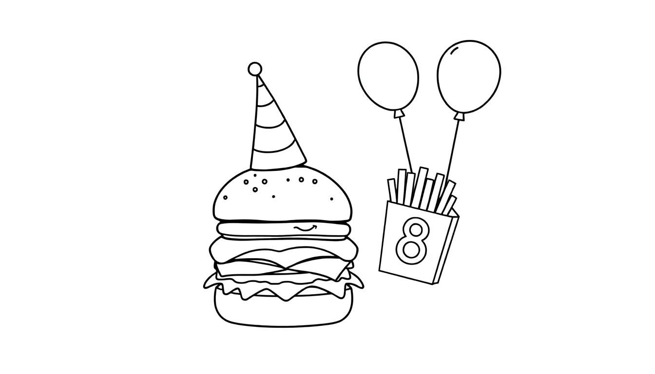 Kleurplaat van een feestelijke hamburger met een feestmuts, frietjes in een bakje met een '8' en ballonnen.