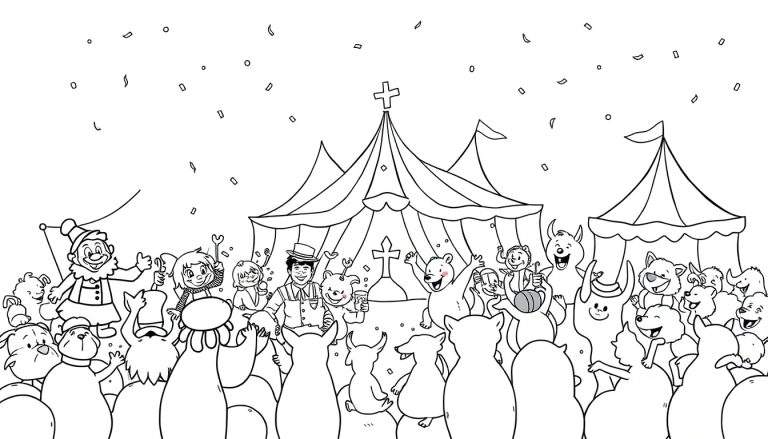 Zwart-wit kleurplaat van een vrolijk circusfeest met tenten, confetti en een menigte van mensen en dieren.