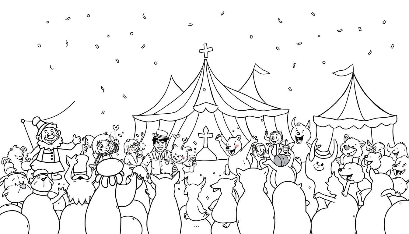 Zwart-wit kleurplaat van een vrolijk circusfeest met tenten, confetti en een menigte van mensen en dieren.