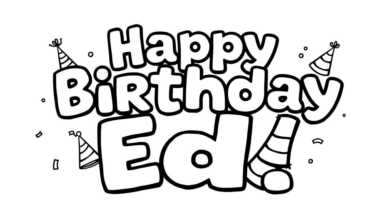 Zwart-witte kleurplaat met 'Happy Birthday Ed!' in grote, cartoonachtige letters, versierd met verjaardagshoedjes en confetti.