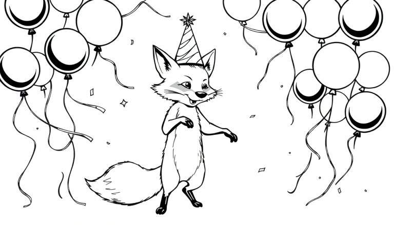 Zwart-wit kleurplaat van een lachende vos in een partyhoed met ballonnen.