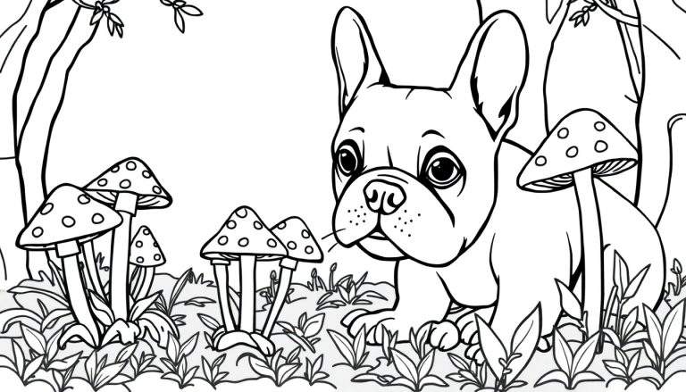 Een zwart-wit kleurplaat van een Franse bulldog in een bos.