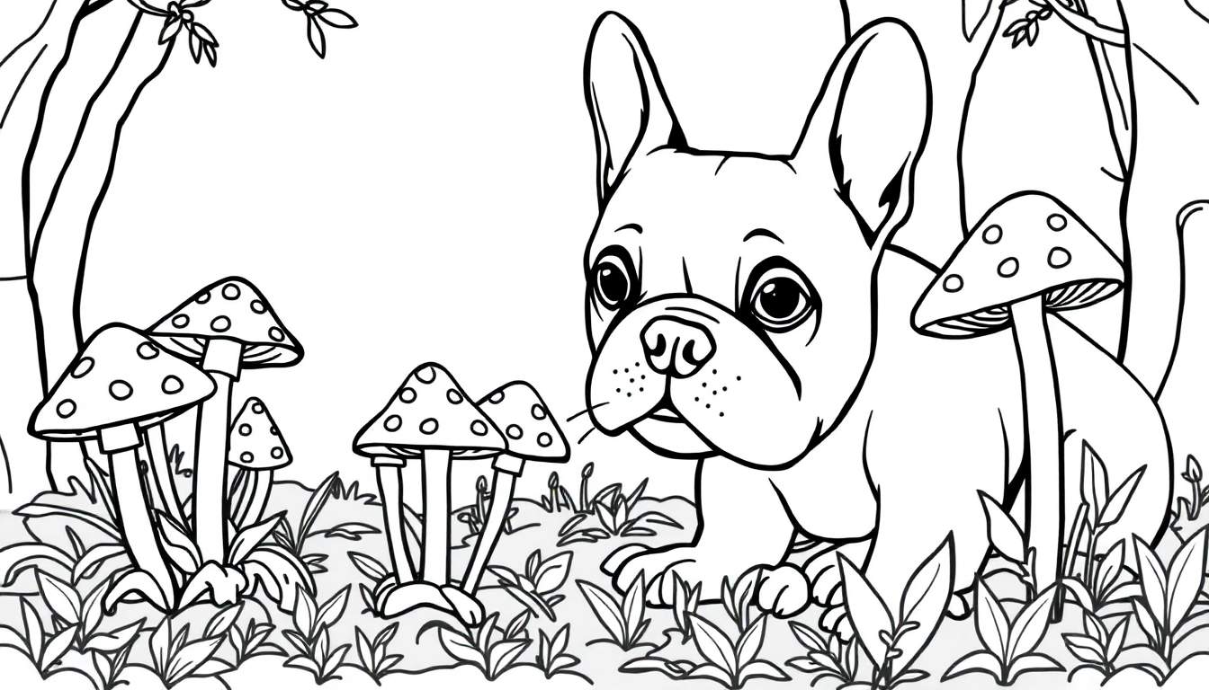 Een zwart-wit kleurplaat van een Franse bulldog in een bos.