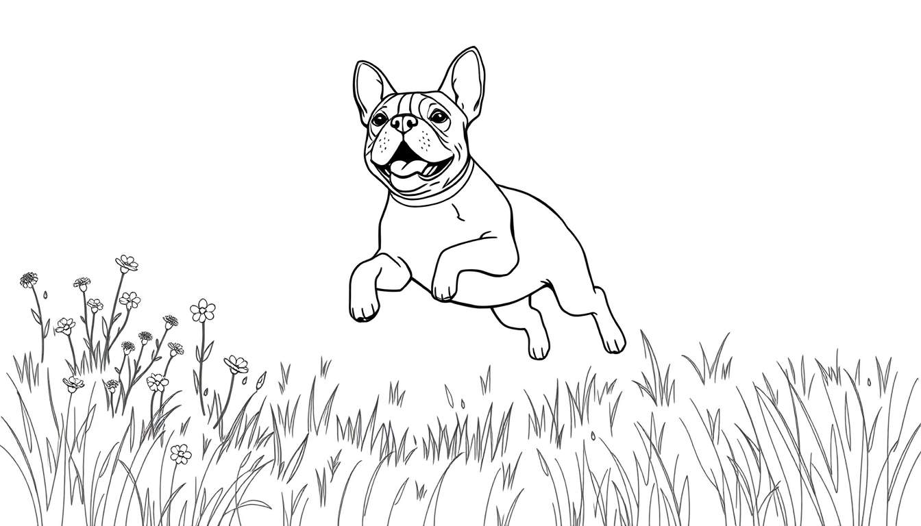Kleurplaat: Vrolijke Franse Bulldog springt in een veld met bloemen.