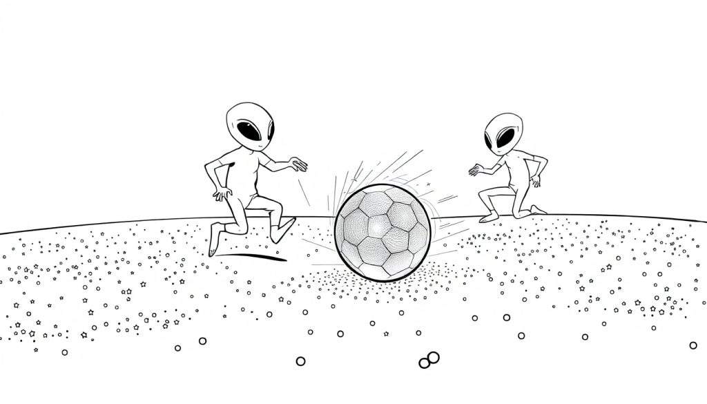 Zwart-wit kleurplaat van twee aliens die voetbal spelen op een sterrenveld.