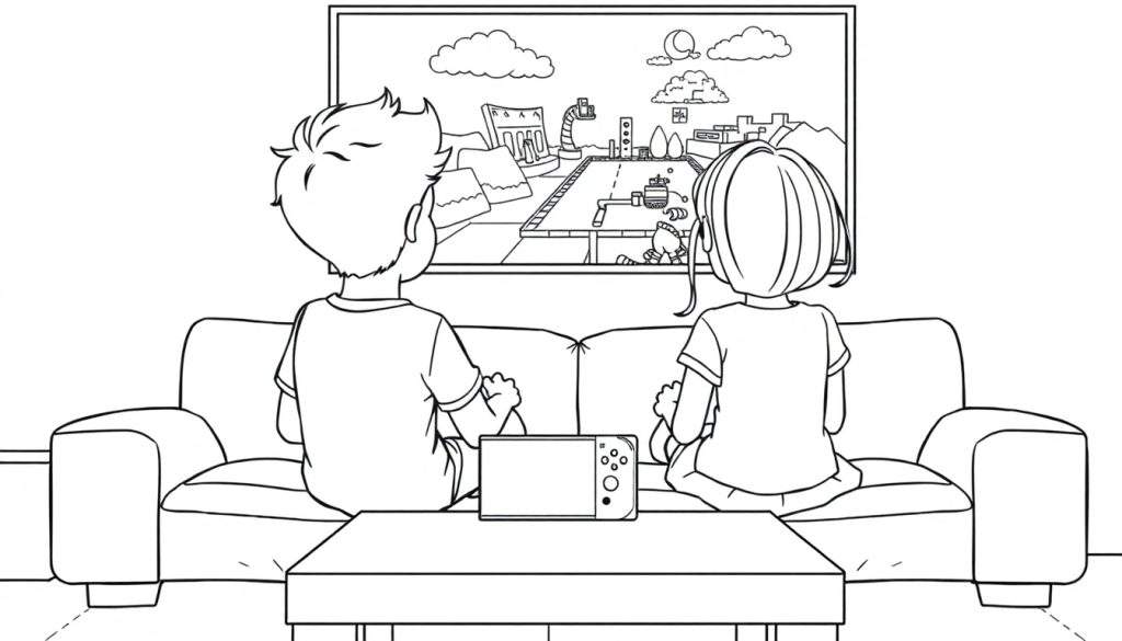 Kleurplaat van kinderen die gamen op een Switch