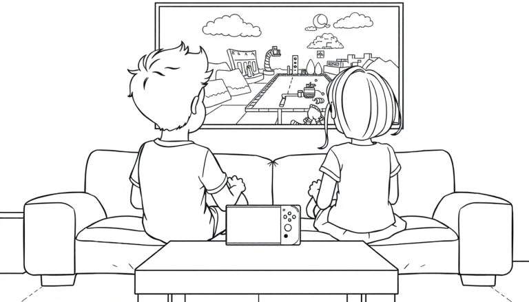 Kleurplaat van kinderen die gamen op een Switch