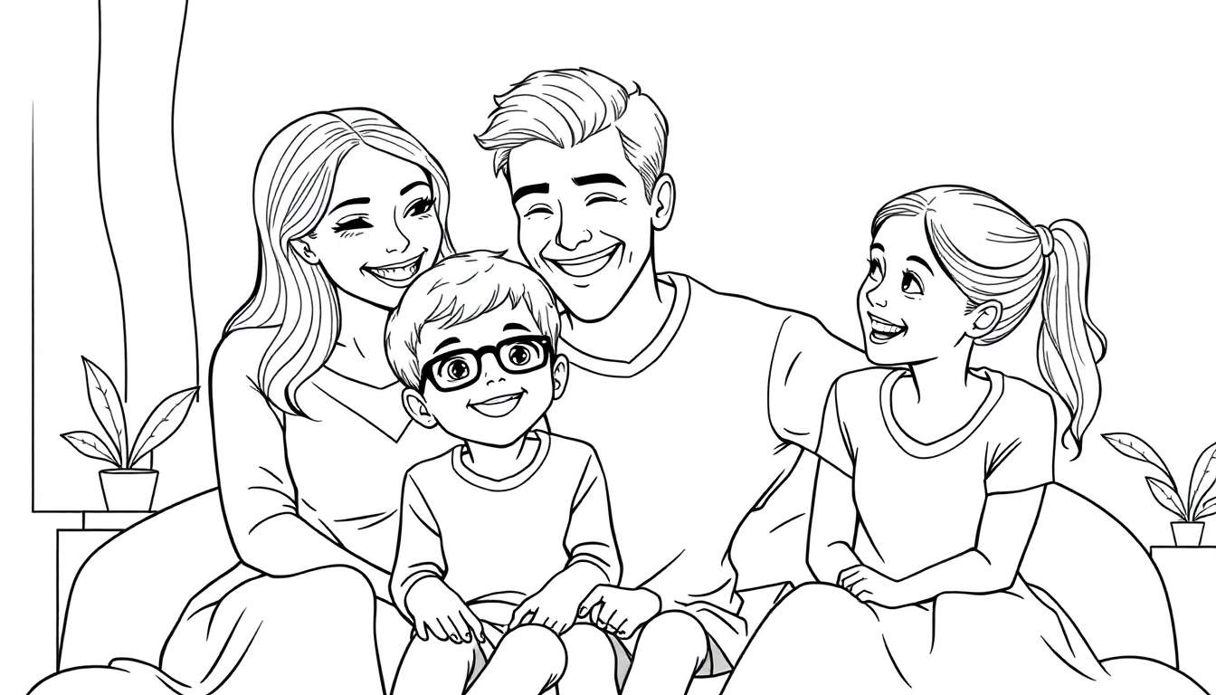 Een blije gezinskleurplaat van vier personen: papa, mama, een jongen met een bril en een meisje, zittend met planten.