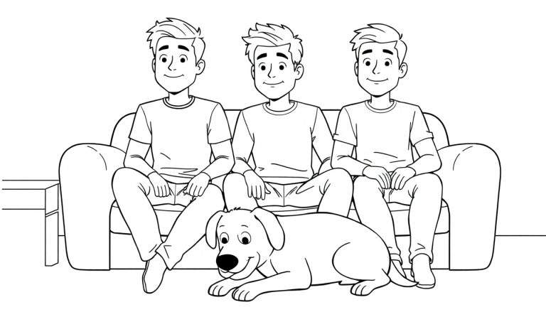 Kleurplaat van Gijs, Rutger en Thomas met hond Paco op een bank.