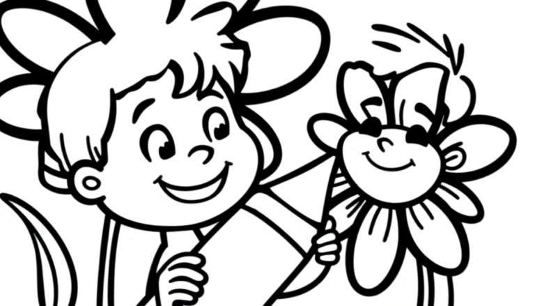 Een zwart-witte kleurplaat van een lachend jongetje dat een bloem met een gezicht aanraakt.