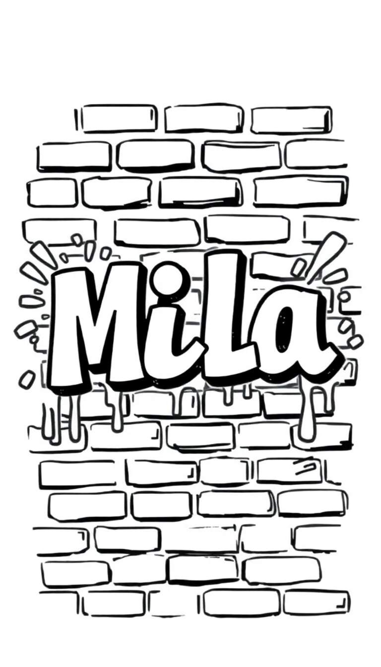 Kleurplaat van de naam Mila in graffiti stijl op een bakstenen muur