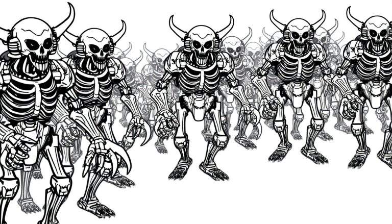 Kleurplaat van een leger van stripachtige, dreigende skeletten met hoorns en robotoren, in zwart-wit met dikke contouren.