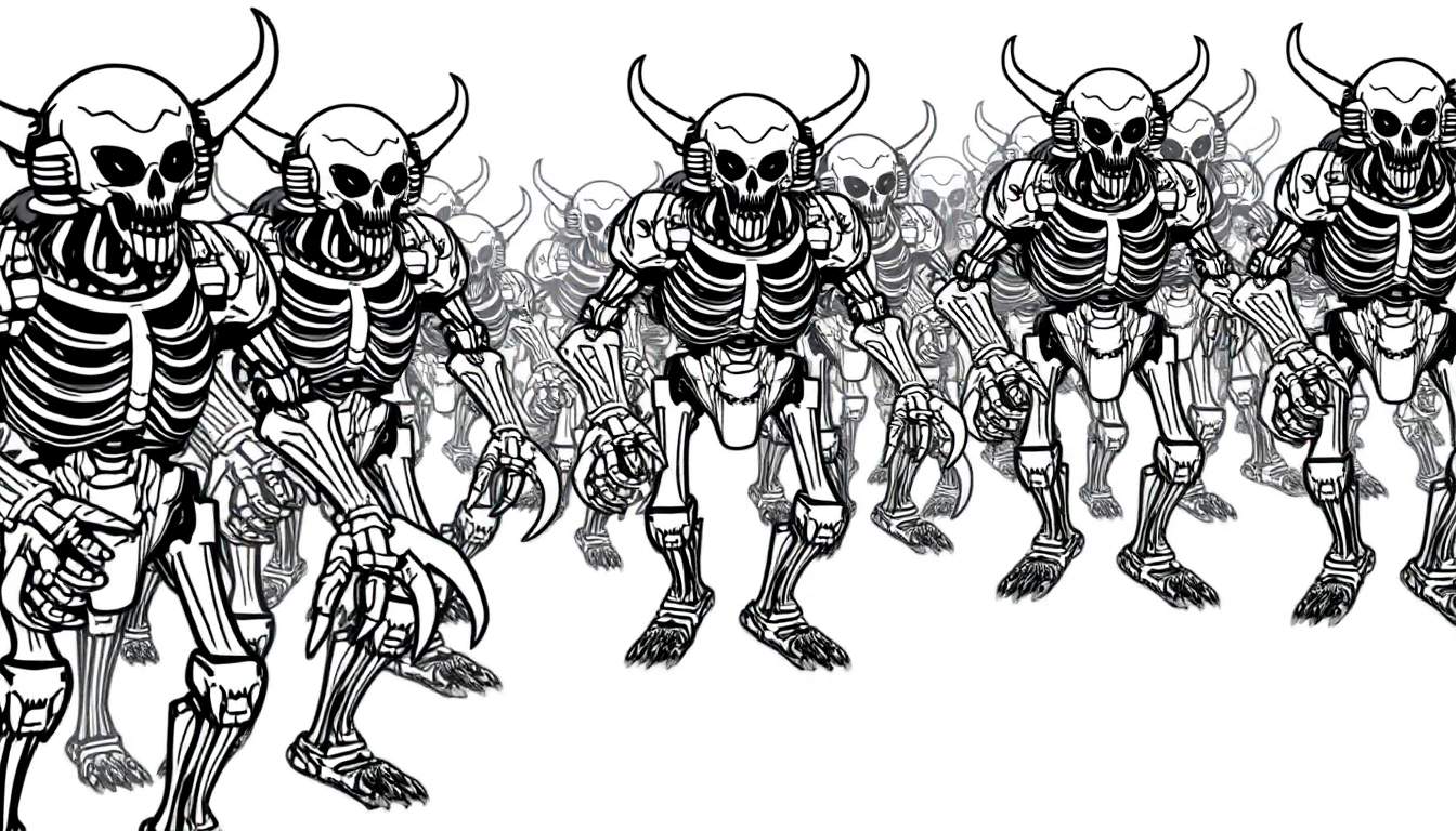 Kleurplaat van een leger van stripachtige, dreigende skeletten met hoorns en robotoren, in zwart-wit met dikke contouren.