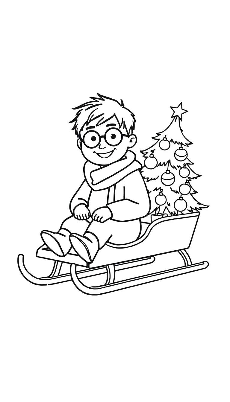 Kleurplaat van Harry Potter op een slee met een kerstboom.