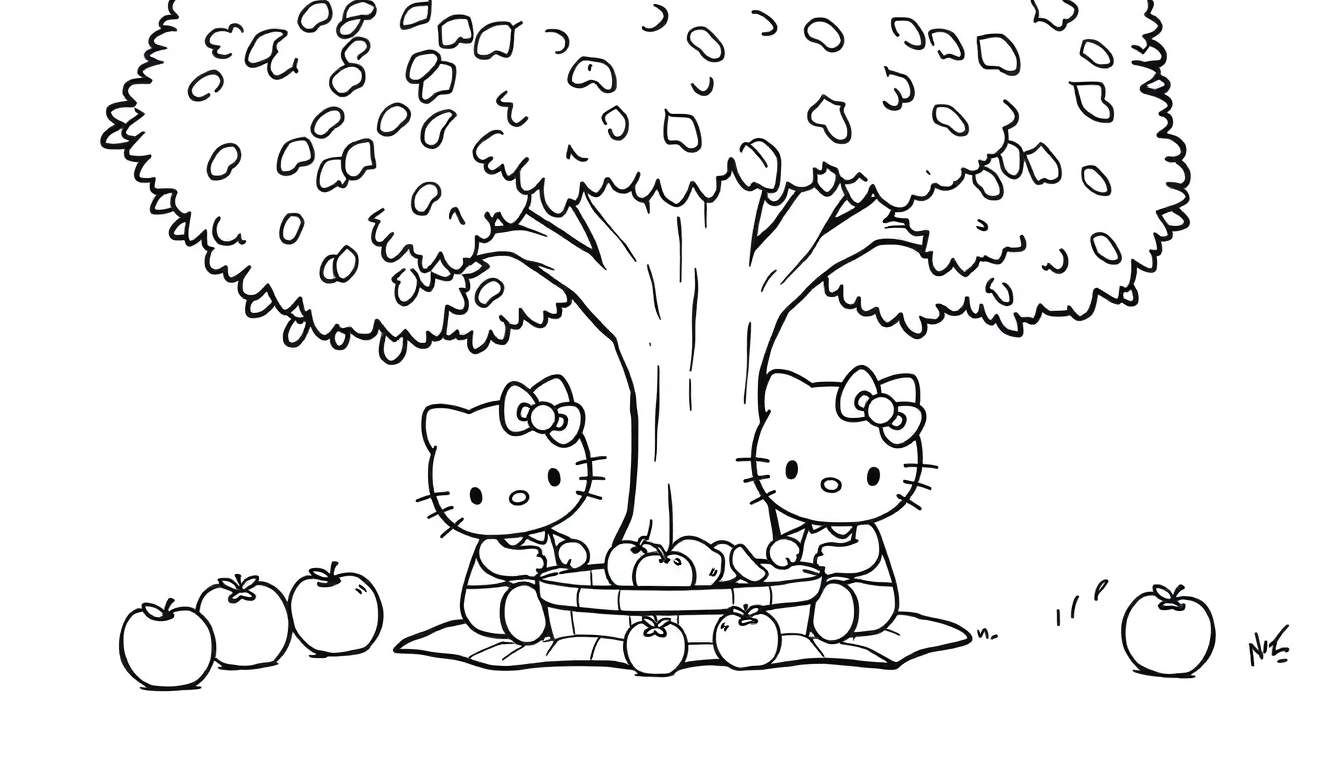 Een kleurplaat met twee Hello Kitty's die picknicken onder een boom met appels.