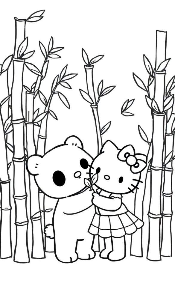 Kleurplaat van Hello Kitty en een panda die elkaar omhelzen in een bamboebos.