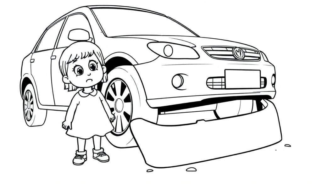 Een meisje met een verdrietige blik kijkt naar een auto met een kapotte bumper, klaar om ingekleurd te worden als kleurplaat.