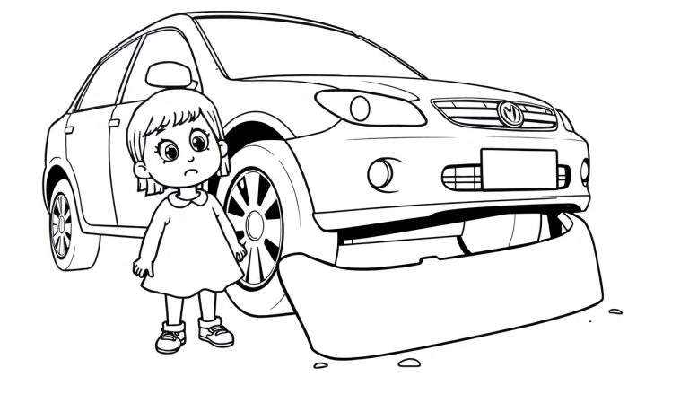 Een meisje met een verdrietige blik kijkt naar een auto met een kapotte bumper, klaar om ingekleurd te worden als kleurplaat.