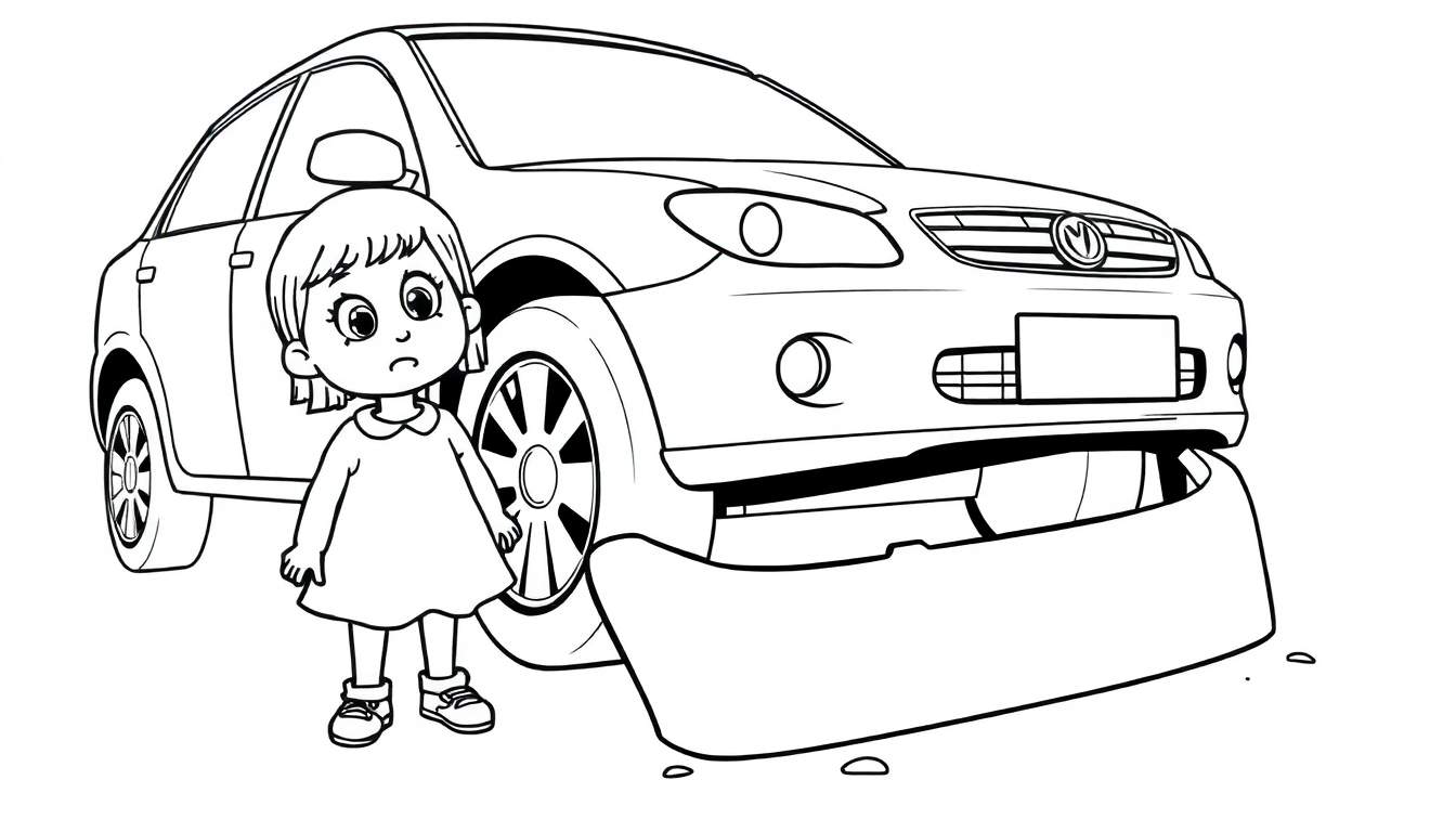 Een meisje met een verdrietige blik kijkt naar een auto met een kapotte bumper, klaar om ingekleurd te worden als kleurplaat.
