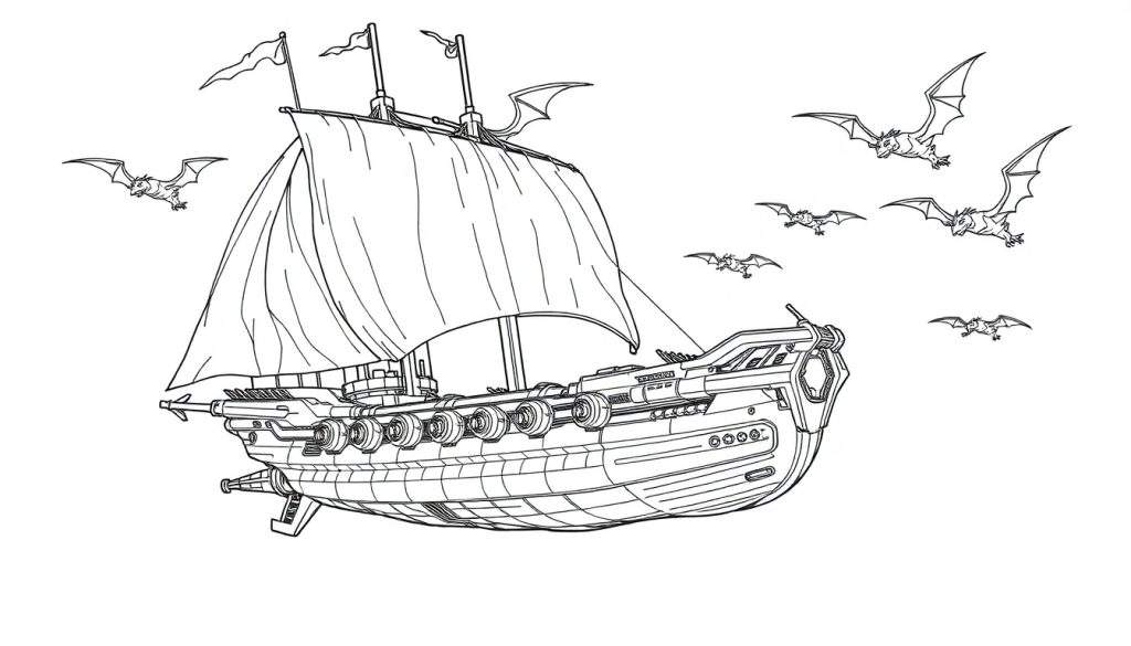 Zwart-wit kleurplaat van een vliegend piratenschip met draken