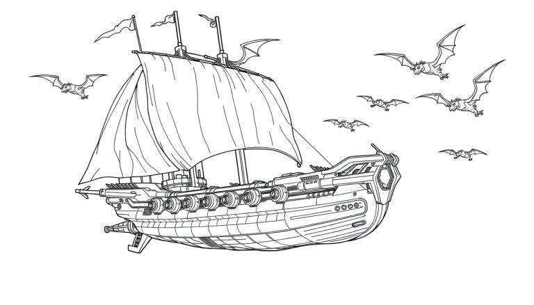 Zwart-wit kleurplaat van een vliegend piratenschip met draken